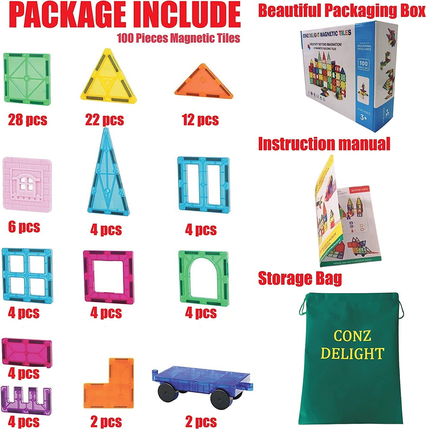 CONZ DELIGHT Kids Magnetic Building Blocks β 100 Pcs Expandable Tiles Set for 3+ Years