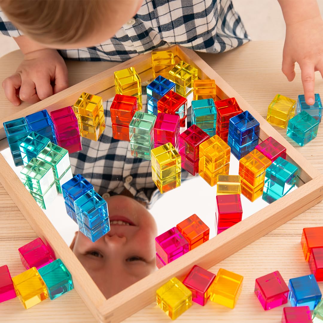 TickiT Gem Cube Mirror Tray, Rainbow Building Cubes, Stacking Blocks, Acrylic Gemstone Cubes, Stacking Toy
