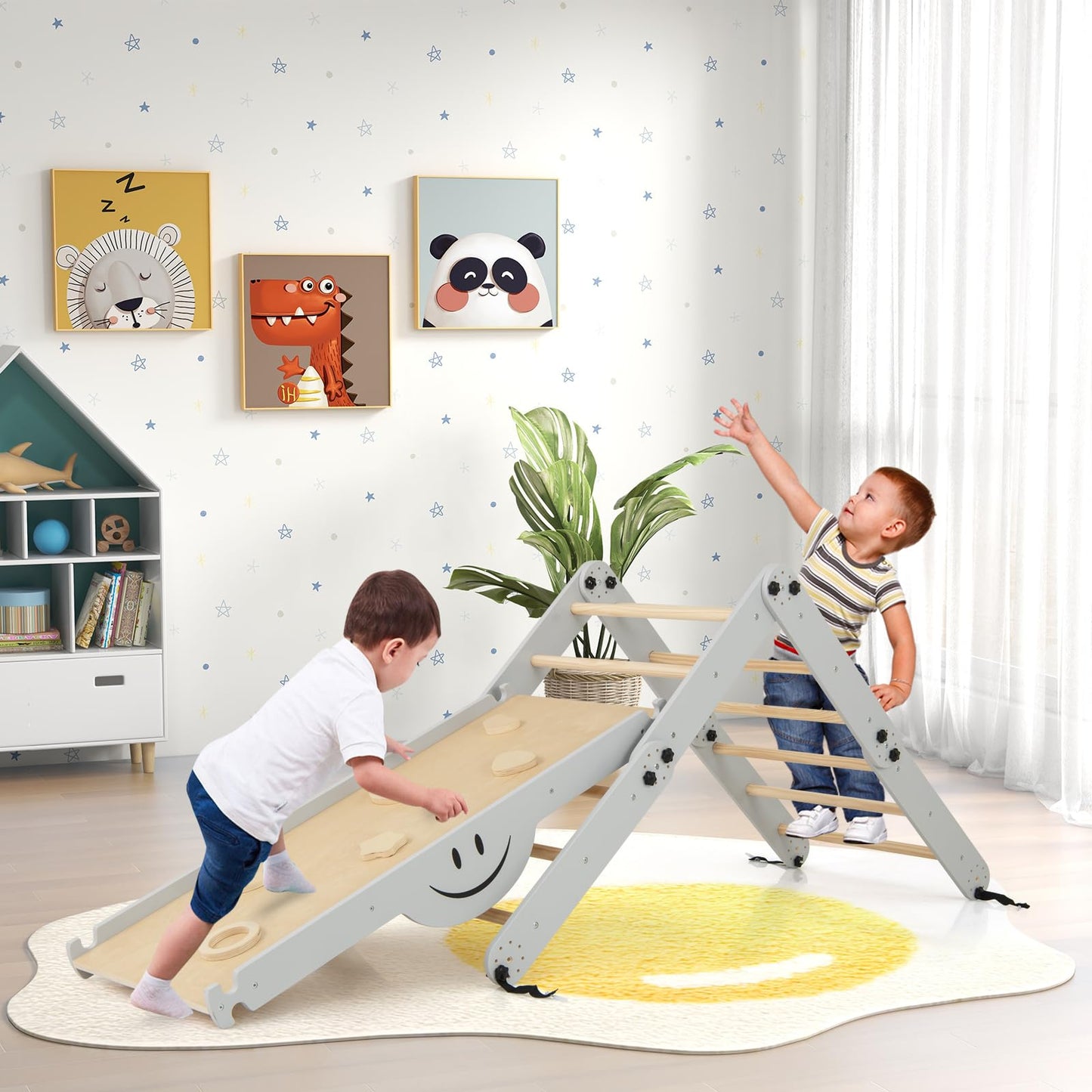 GYMAX 10 in 1 Kids Climbing Set, Foldable Wooden Toddler Climber with Reversible Ramp