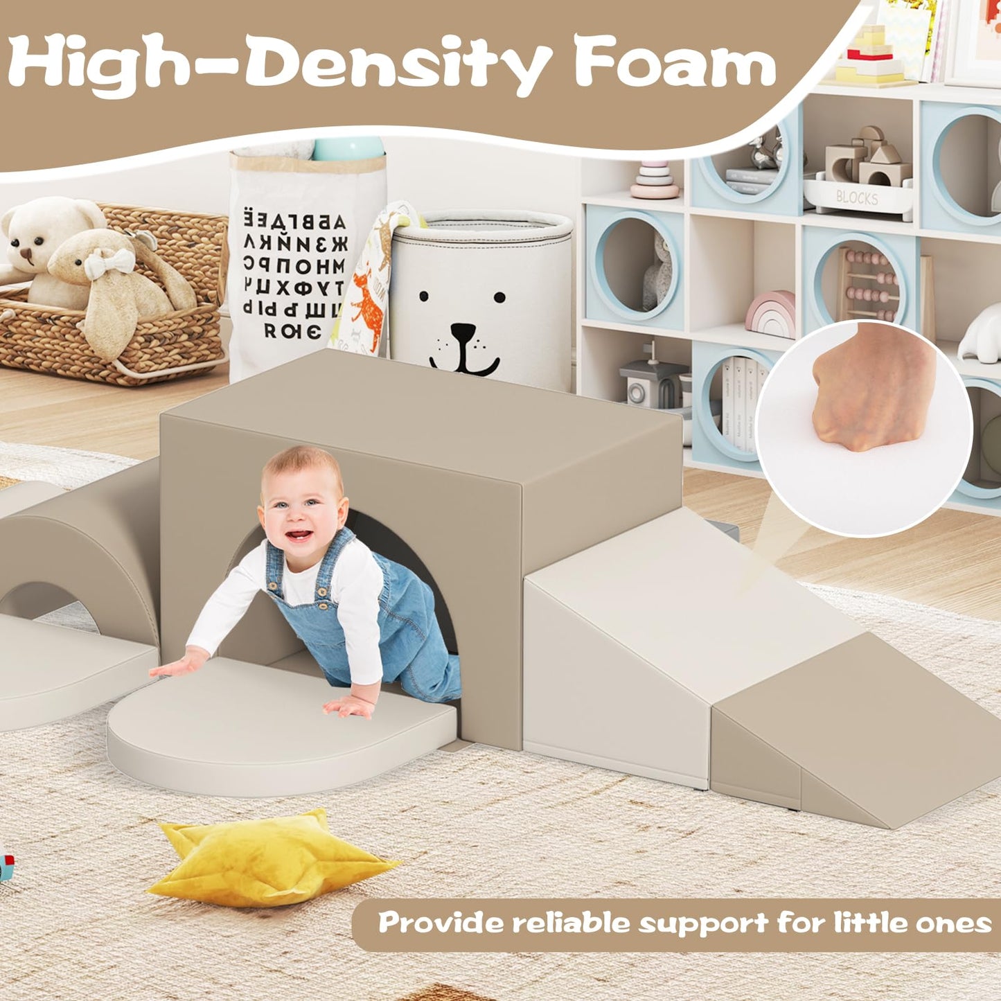 COSTWAY Kids Soft Play Set, 7-Piece Toddler Foam Climbing Blocks with Waterproof PU Leather, Indoor Baby Climb and Crawl Activity Playset for Sensory Motor Skills (Grey+Beige)