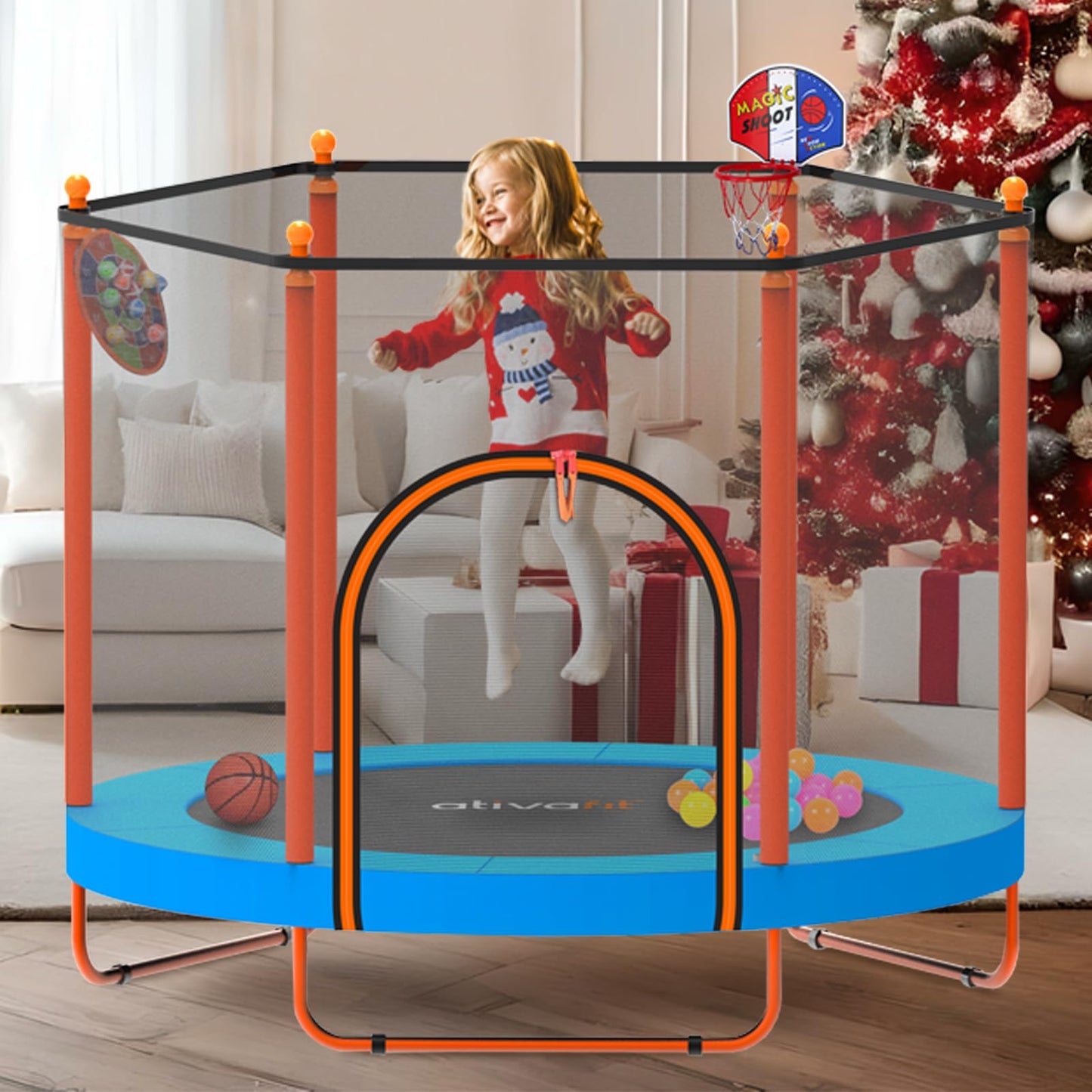 ATIVAFIT 60'' Rebounder Trampoline Indoor Outdoor for Kids Ages 1-8, 5FT Recreational Toddler Trampoline with Safety Enclosure