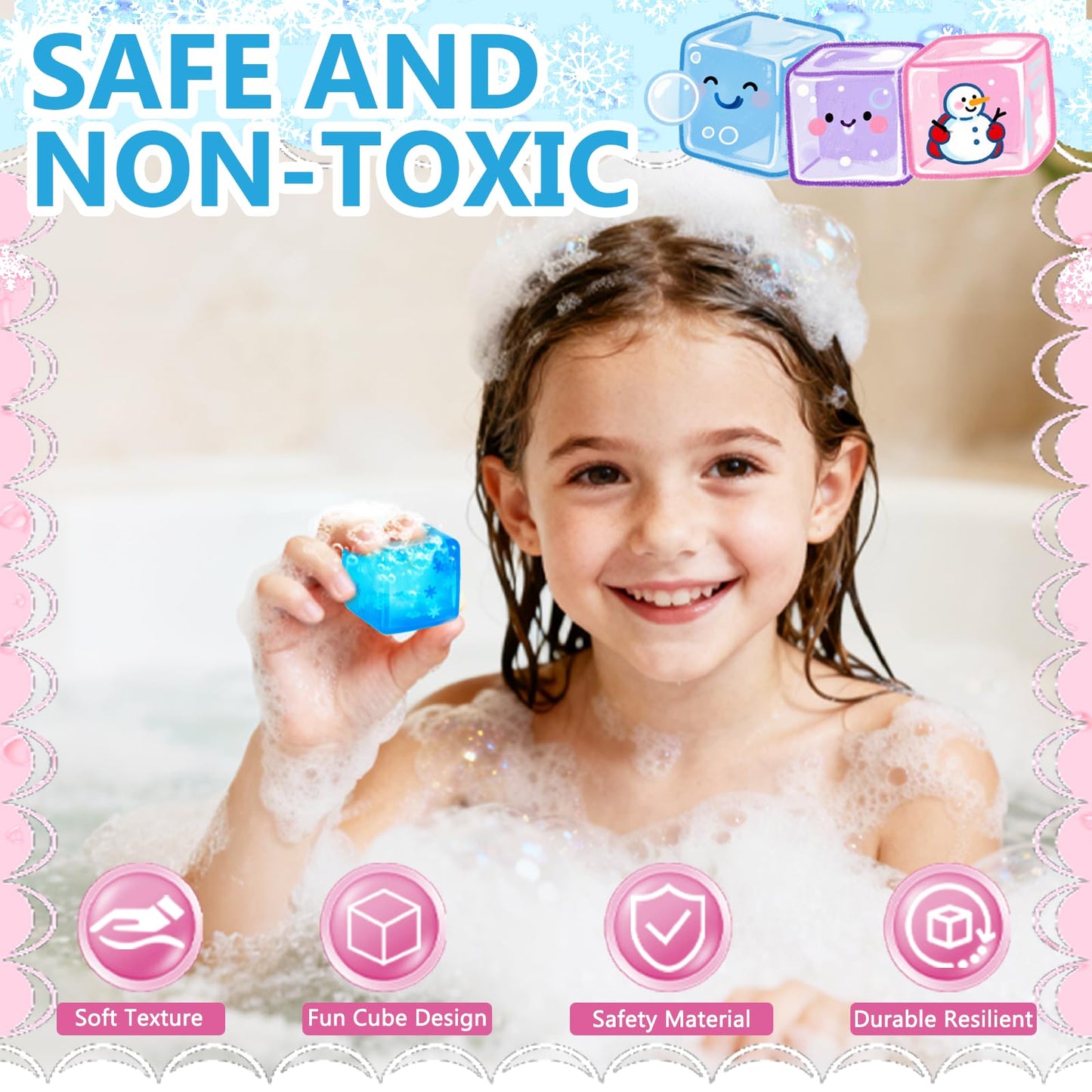 Ziporiajoy Durable Squishy Cube Squeeze Toys, Stress Cube Fidget Toy for Anxiety Relief, Not Easy to Fall Off Sensory Toys for Boys Girls Age 3+ (3 Pack 5cm Snowflake Design)