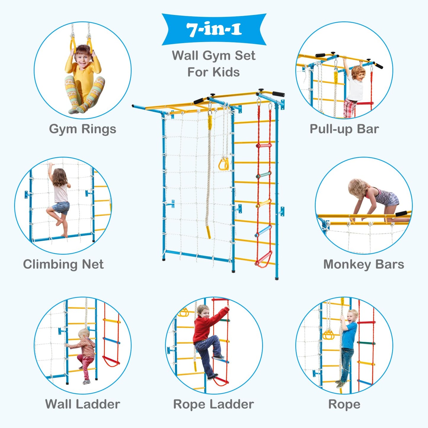 GYMAX Swedish Ladder Wall Set, Gymnastics Wall Bar with Pull-Up Bar, Rope Ladder