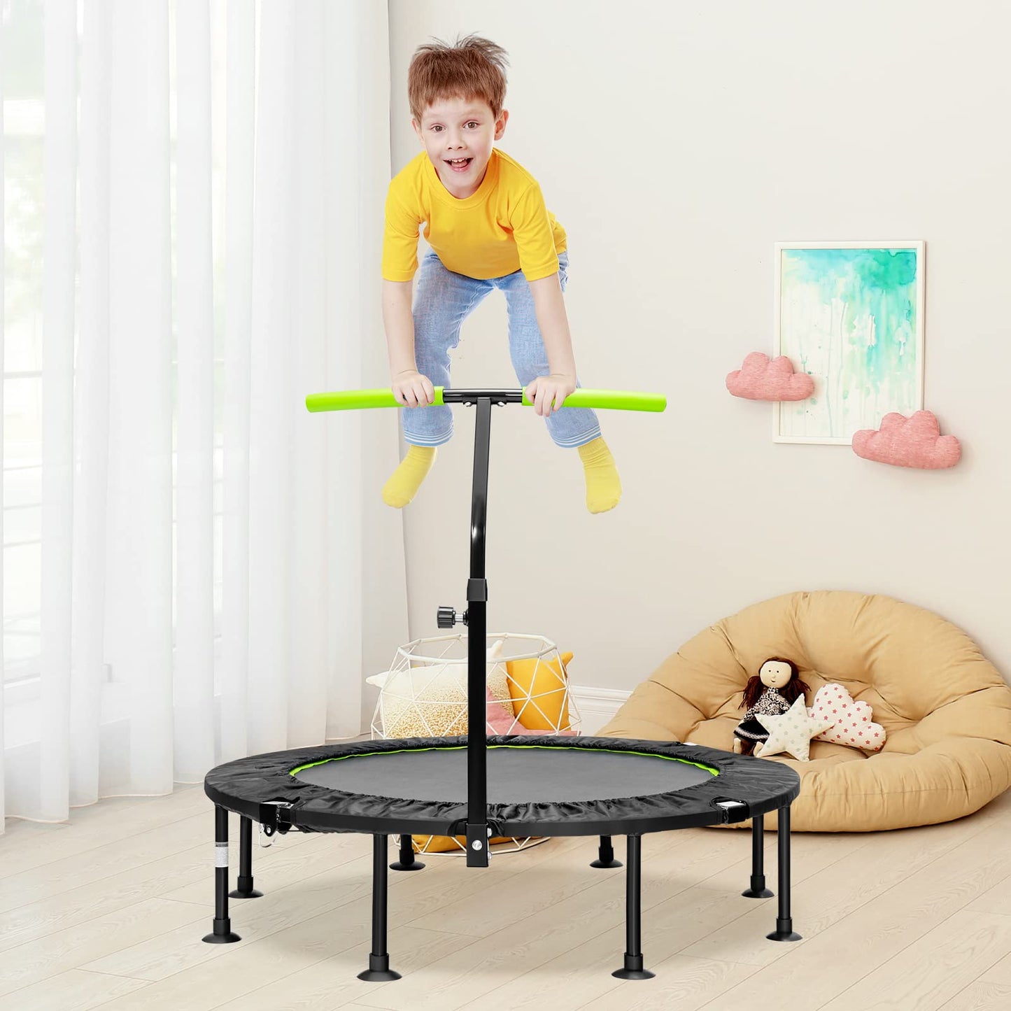 GYMAX 45'' Kids Trampoline, Foldable Fitness Rebounder with Adjustable T-Shaped Handrail and Anti-Slip Foot Pad