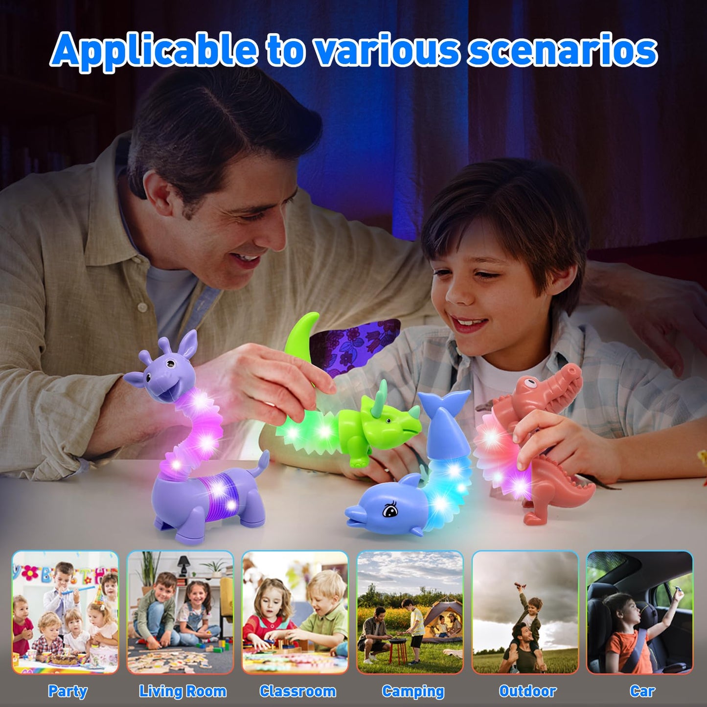 DELEE Pop Tubes Animal Toy,Sensory Tubes for Autism with LED Light,4Packs Glow Animal Stress Relief Toys for Kids,Party Supplies for Christmas Halloween Birthday