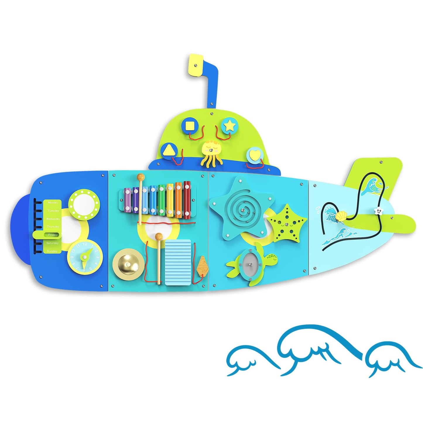 BlueWood Submarine Wall Busy Board Panels, Toddler Learning Activity Center, Montessori Philosophy