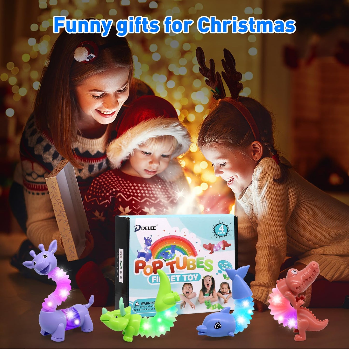 DELEE Pop Tubes Animal Toy,Sensory Tubes for Autism with LED Light,4Packs Glow Animal Stress Relief Toys for Kids,Party Supplies for Christmas Halloween Birthday