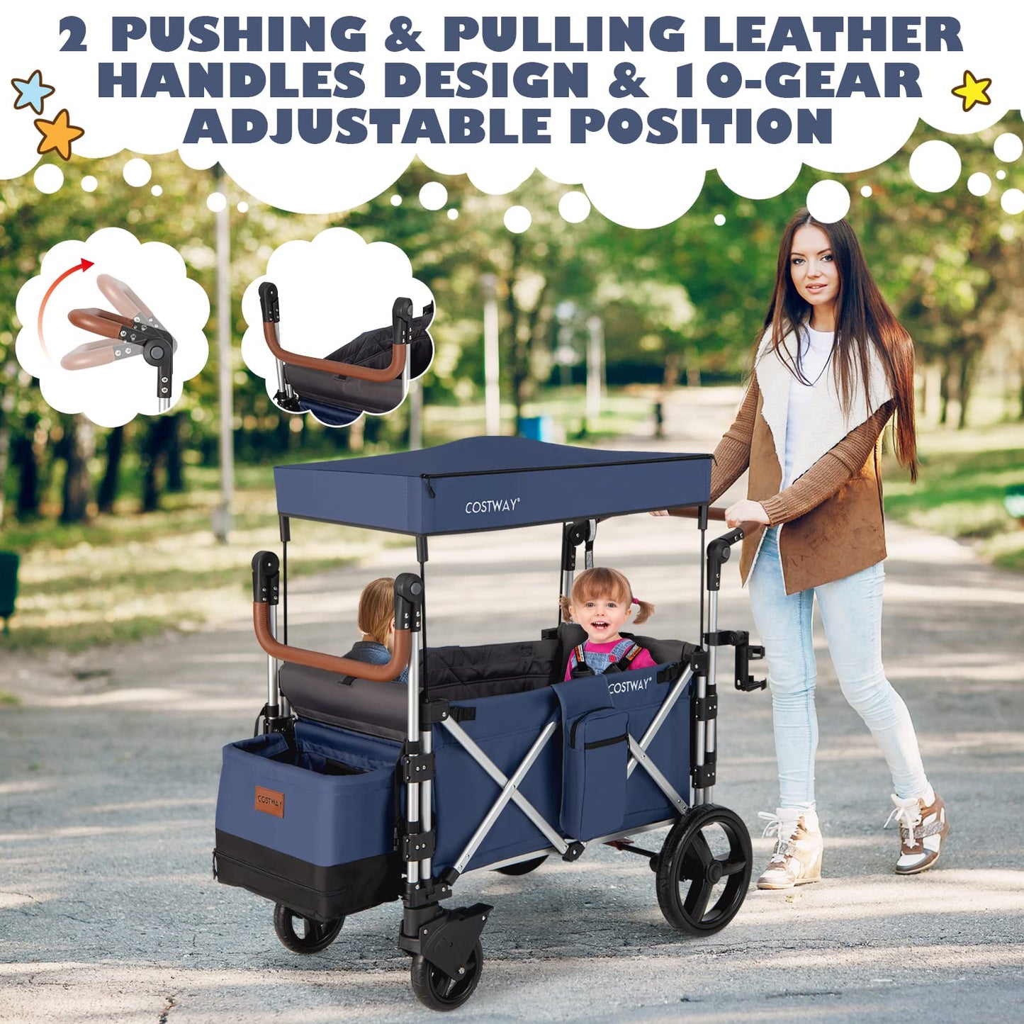 COSTWAY Push Pull Stroller Wagon for 2 Kids, Collapsible Trolley with Adjustable Handle Bar, Removable Canopy, 5-Point Harness and Drapes, Outdoor Camping Cargo Cart (Navy)