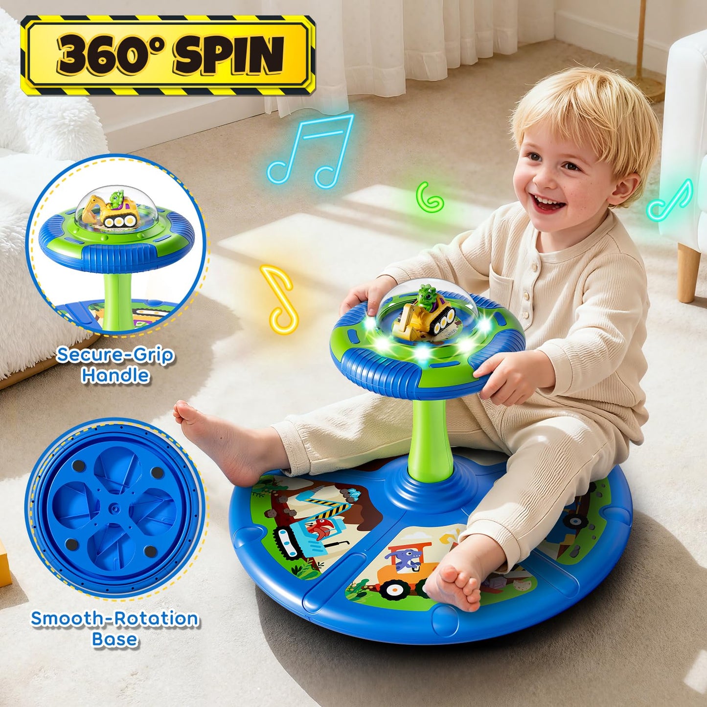 Lehoo Castle Dino Construction Truck Sit and Spin Toys for Toddlers 1-3 Boys, 360° Toddler Spinning Seat with Lights and Music, Sensory Toys Christmas Birthday Gift for Kids Age 2 3 4 5