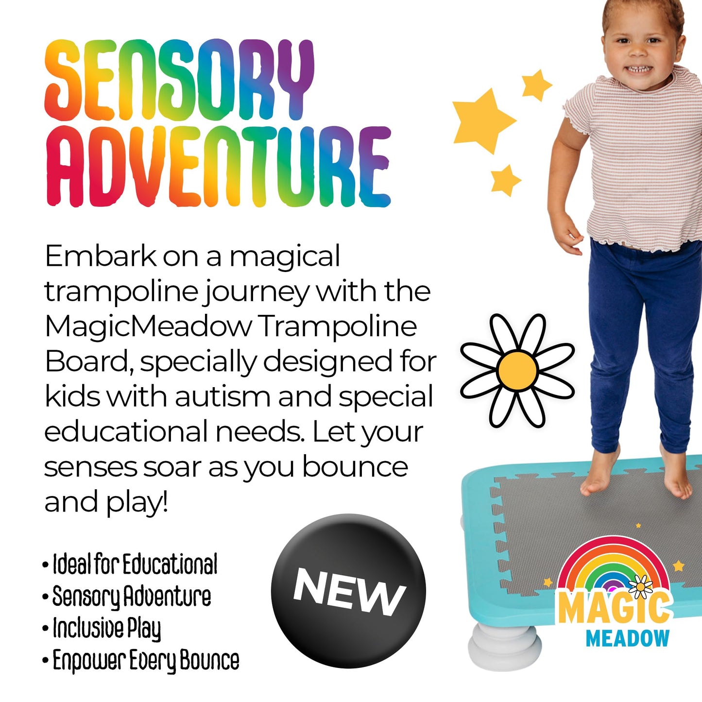 MagicMeadow Blue Sensory Autism Kids Trampoline Indoor Board - Suitable for Kids and Toddler Trampoline for 3 Years Old Plus, 75kg Weight Limit, PU Foam Removable Foot Pads - Durable and Easy Clean