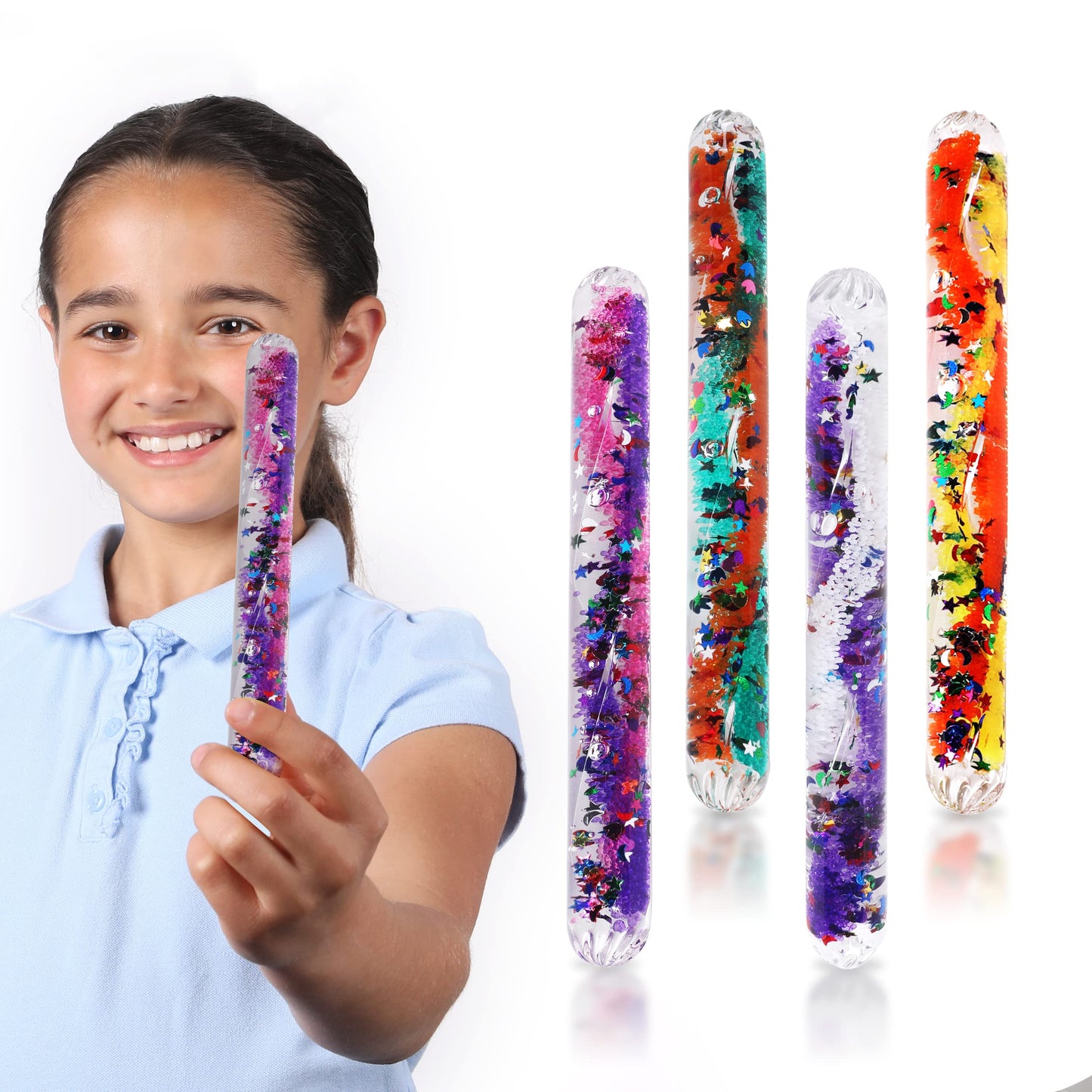 Playlearn SMGT4 Sensory Small Clear Durable Tubes in Shatter-Proof Plastic Filled with Swirling Liquid and Glitter in Bright Colours, Multicolor, Medium