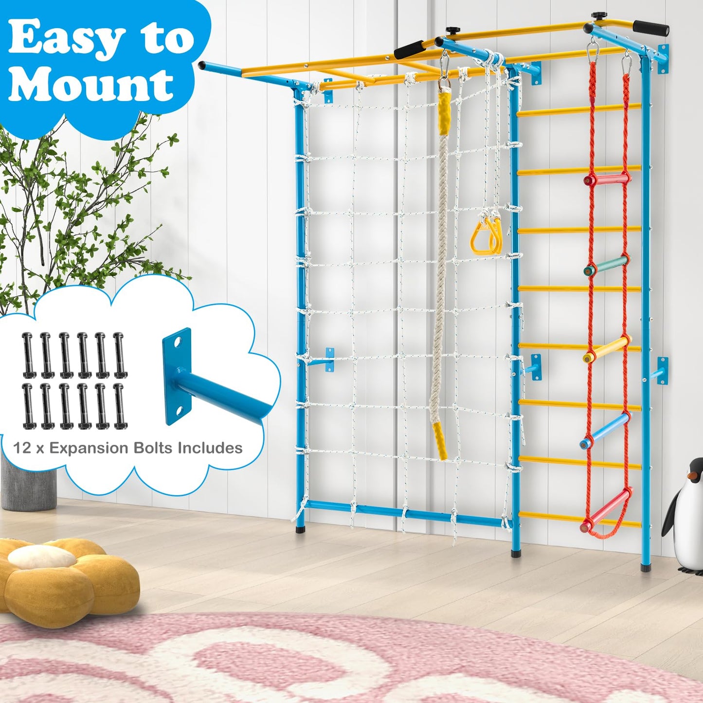 GYMAX Swedish Ladder Wall Set, Gymnastics Wall Bar with Pull-Up Bar, Rope Ladder