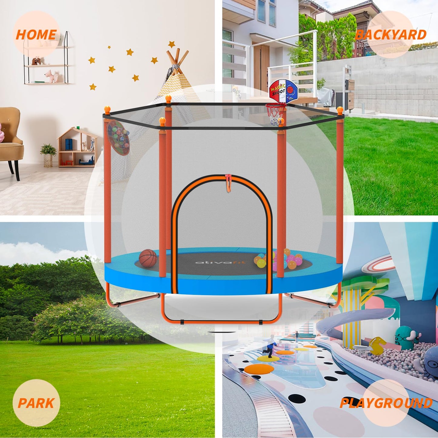 ATIVAFIT 60'' Rebounder Trampoline Indoor Outdoor for Kids Ages 1-8, 5FT Recreational Toddler Trampoline with Safety Enclosure