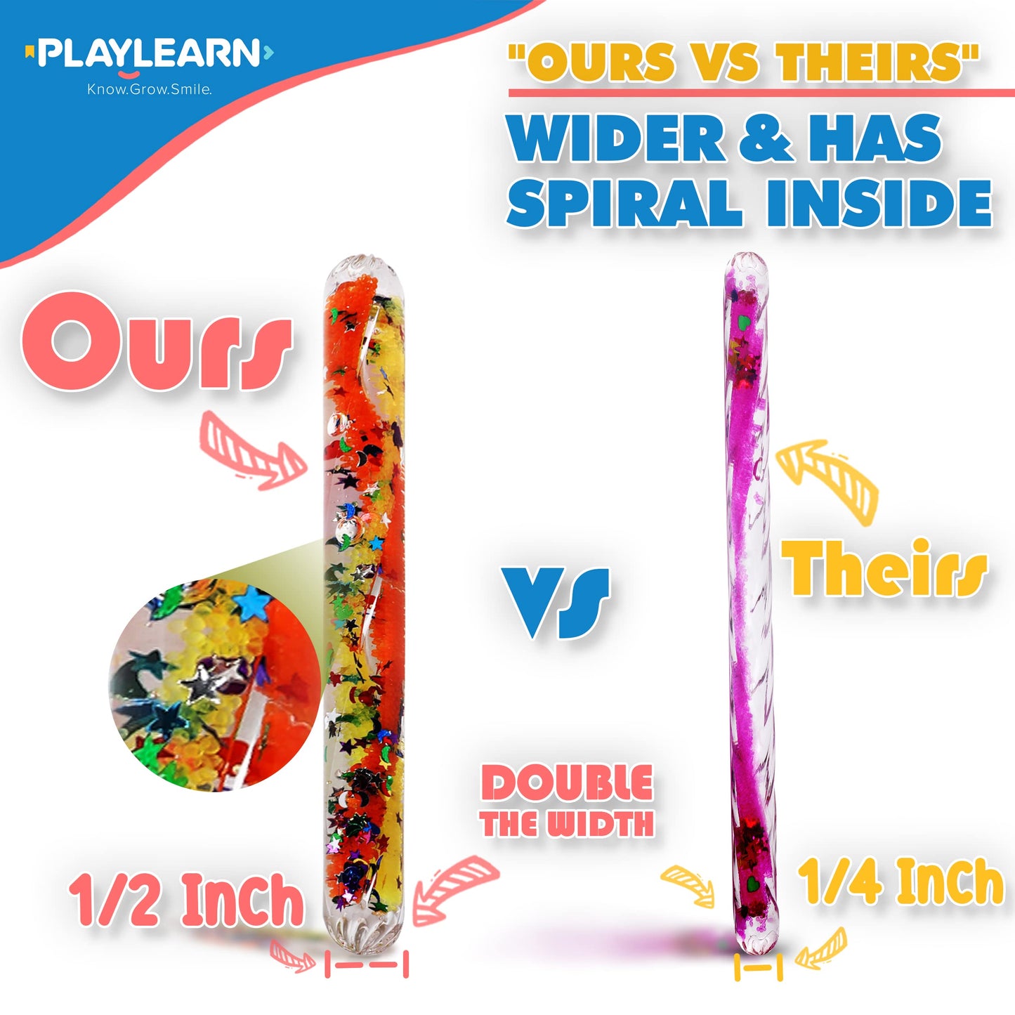 Playlearn SMGT4 Sensory Small Clear Durable Tubes in Shatter-Proof Plastic Filled with Swirling Liquid and Glitter in Bright Colours, Multicolor, Medium