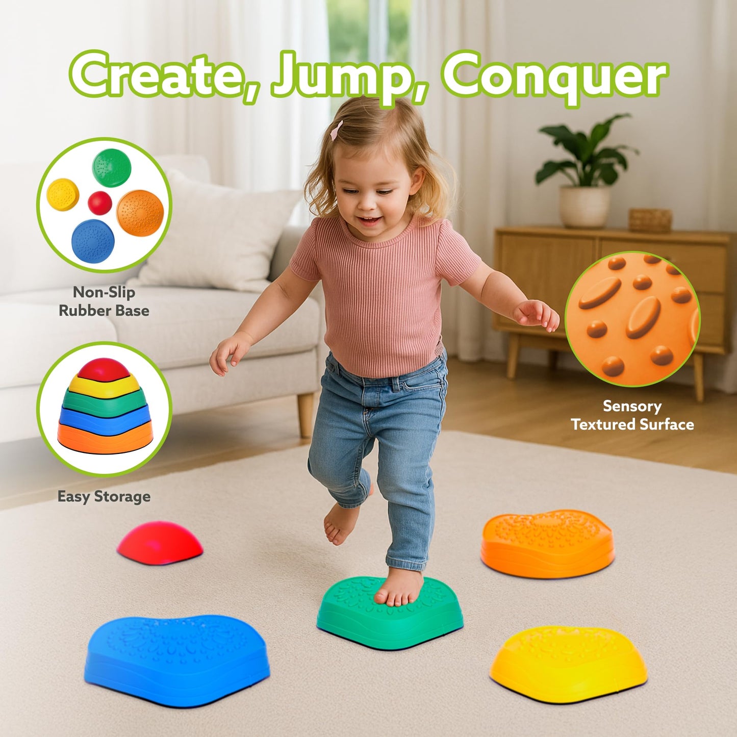 Tippi Sensory Stepping Stones for Kids - 5 Stackable Pieces With Sensory Textured Surfaces - Outdoor Play Equipment For Toddlers - Balance Toys For Children Age 18 Months +
