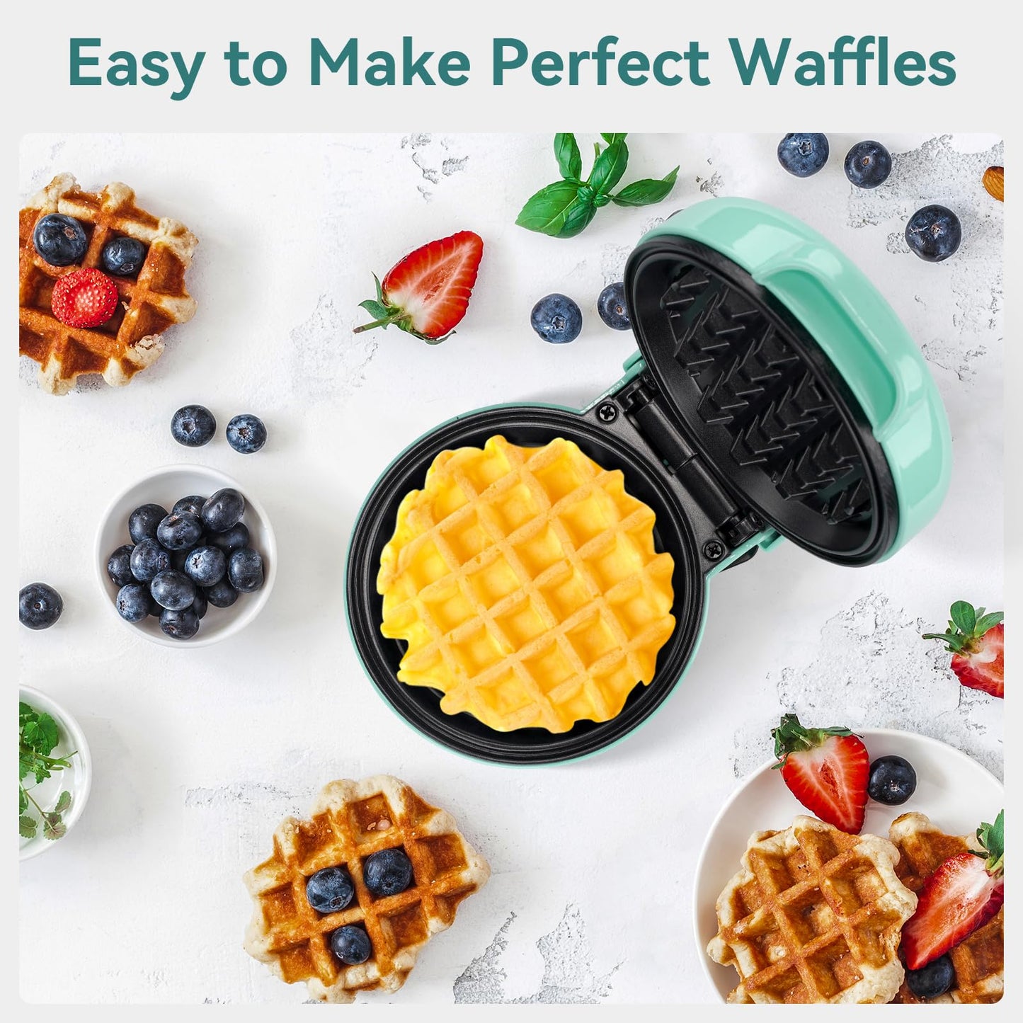 SNAILAR Mini Waffle Maker, 550W Waffle Iron, Ready Indicator Light, Non Stick Coating, Cool Touch Handle, Compact Size, Green