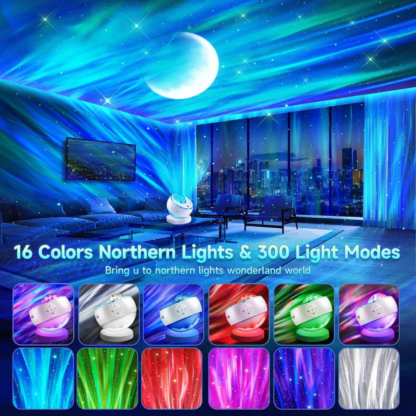 Galaxy Projector Star Projector, 300 Colour Modes Moon Galaxy Light, 15 White Noise