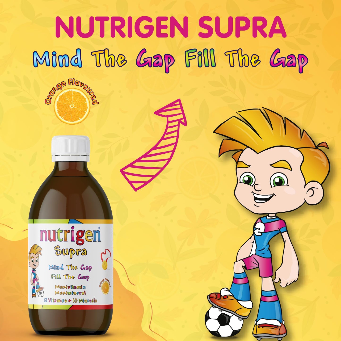 Nutrigen Supra Multivitamin & Mineral Orange Flavoured Liquid for Kids – 13 Vitamins & 10 Minerals, Fills Micronutrient Gap, Supports Growth, Immunity, and Mental Performance, 200mL