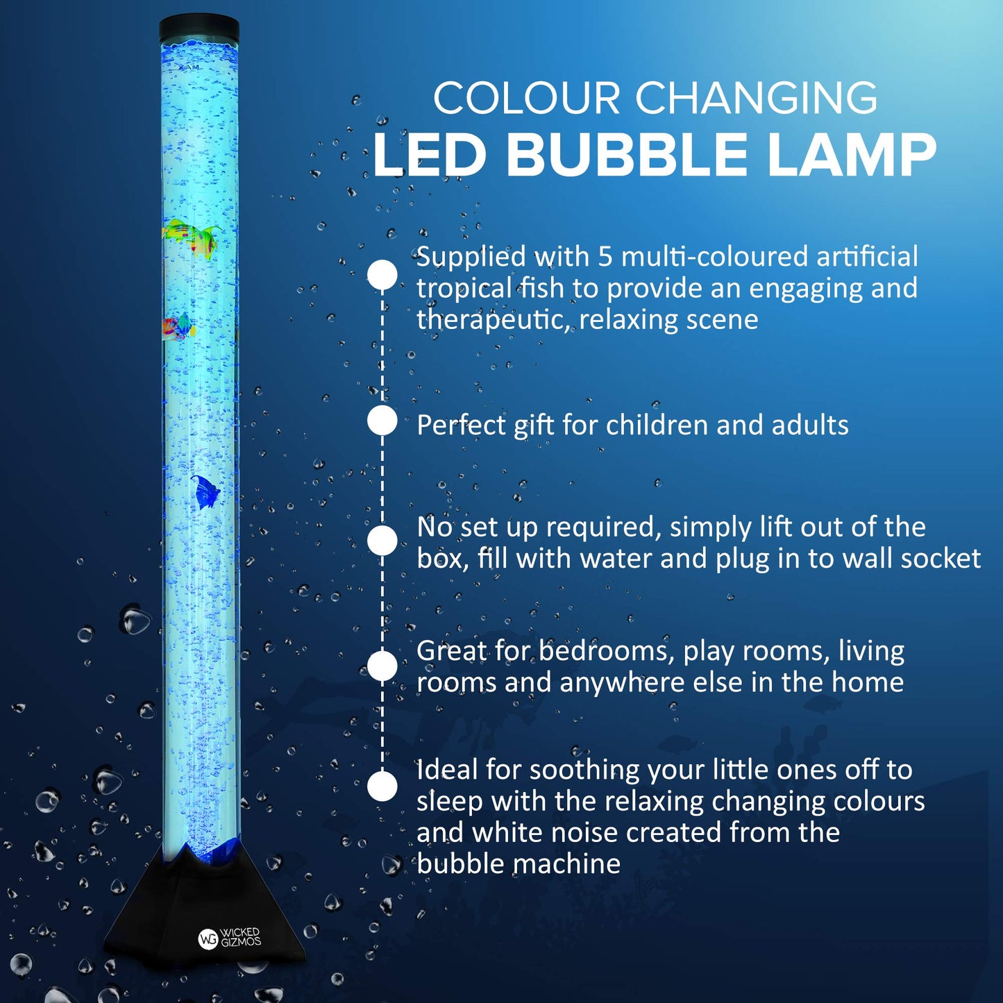 Wicked GIZMOS Large Colour Changing Bubble Lamp LED Light Tubular Freestanding Design with Bubbles and Fish (120cm)