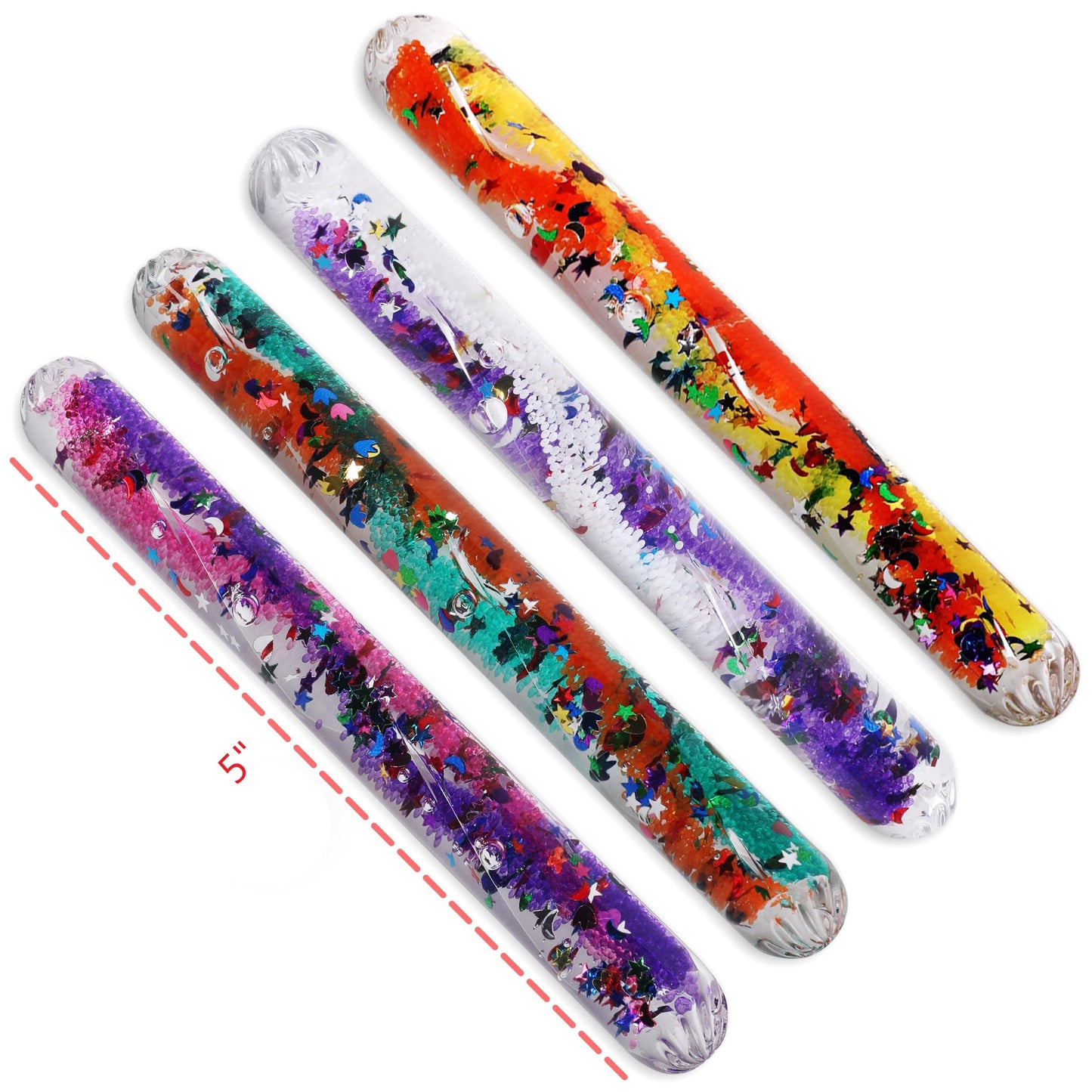 Playlearn SMGT4 Sensory Small Clear Durable Tubes in Shatter-Proof Plastic Filled with Swirling Liquid and Glitter in Bright Colours, Multicolor, Medium