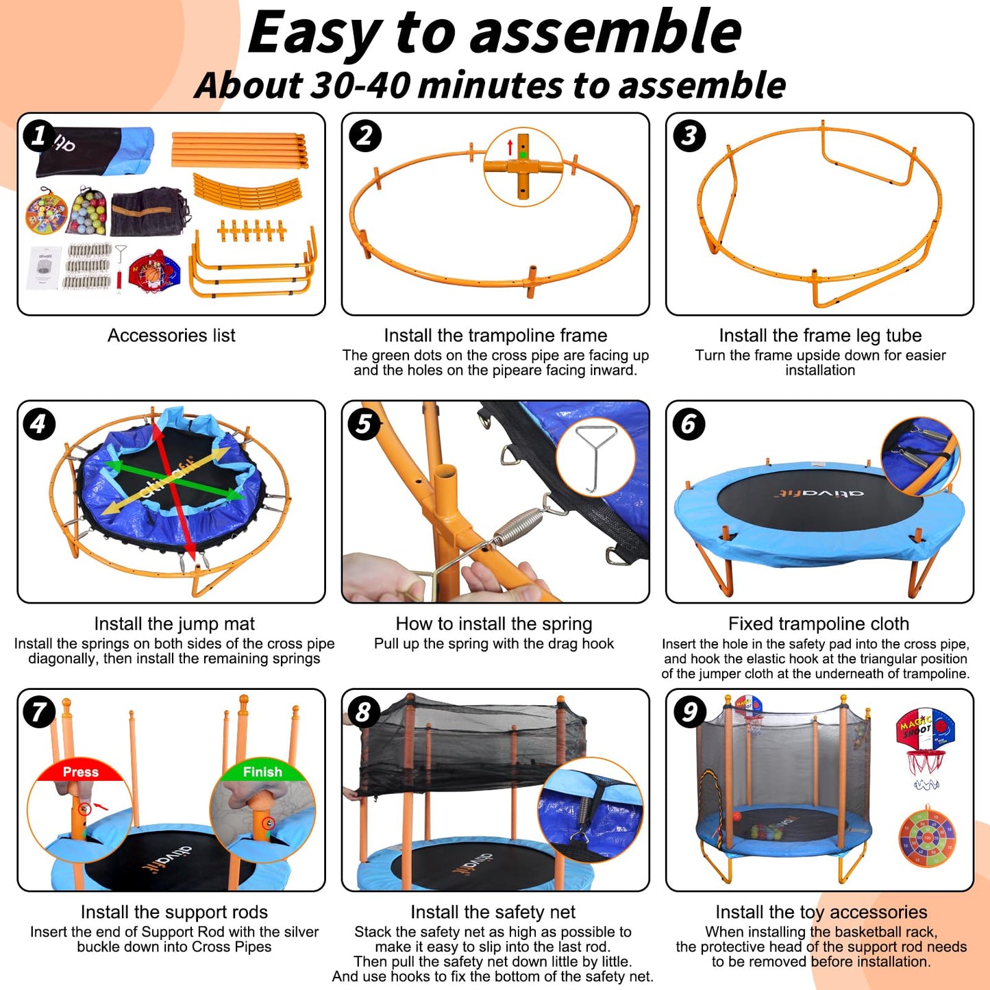 ATIVAFIT 60'' Rebounder Trampoline Indoor Outdoor for Kids Ages 1-8, 5FT Recreational Toddler Trampoline with Safety Enclosure