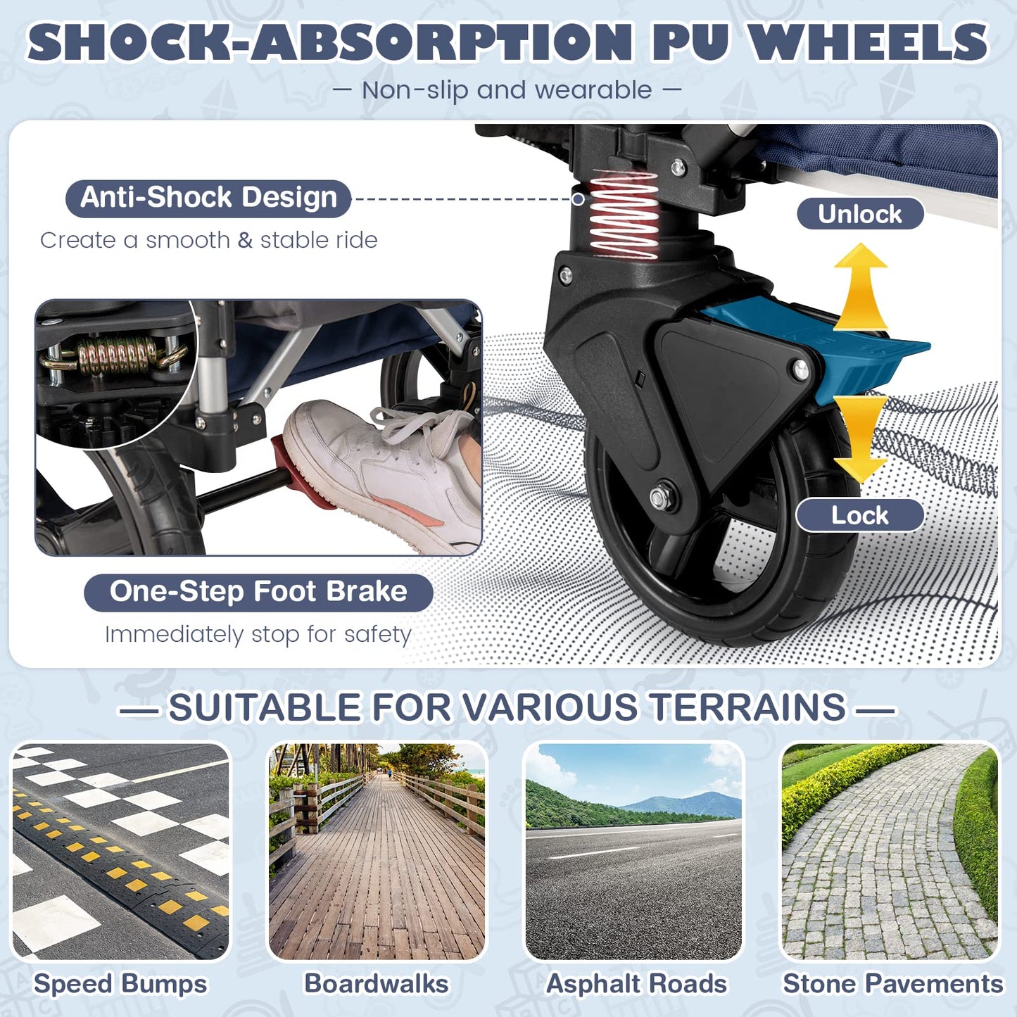 COSTWAY Push Pull Stroller Wagon for 2 Kids, Collapsible Trolley with Adjustable Handle Bar, Removable Canopy, 5-Point Harness and Drapes, Outdoor Camping Cargo Cart (Navy)