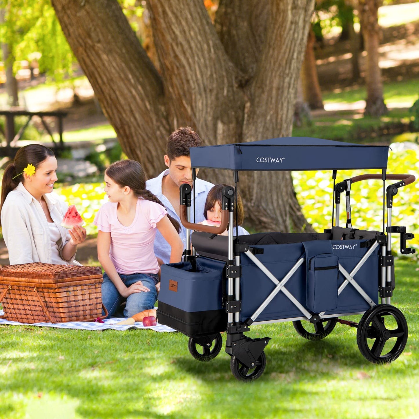 COSTWAY Push Pull Stroller Wagon for 2 Kids, Collapsible Trolley with Adjustable Handle Bar, Removable Canopy, 5-Point Harness and Drapes, Outdoor Camping Cargo Cart (Navy)