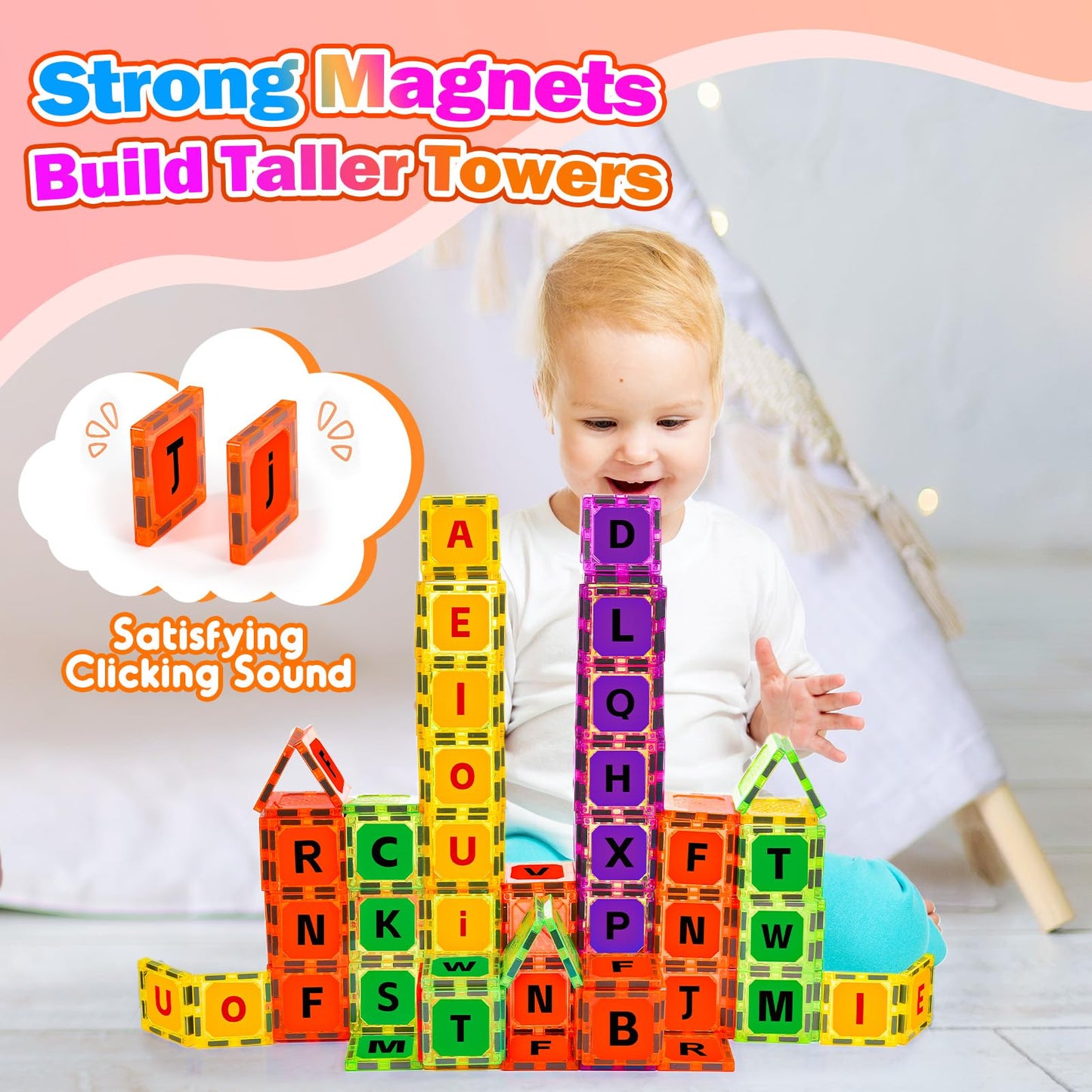 JoltJive Magnetic Tiles Letters Toys for 2 3 4 5 6 7 Year Old, Toddler Magnetic Blocks Building Toys