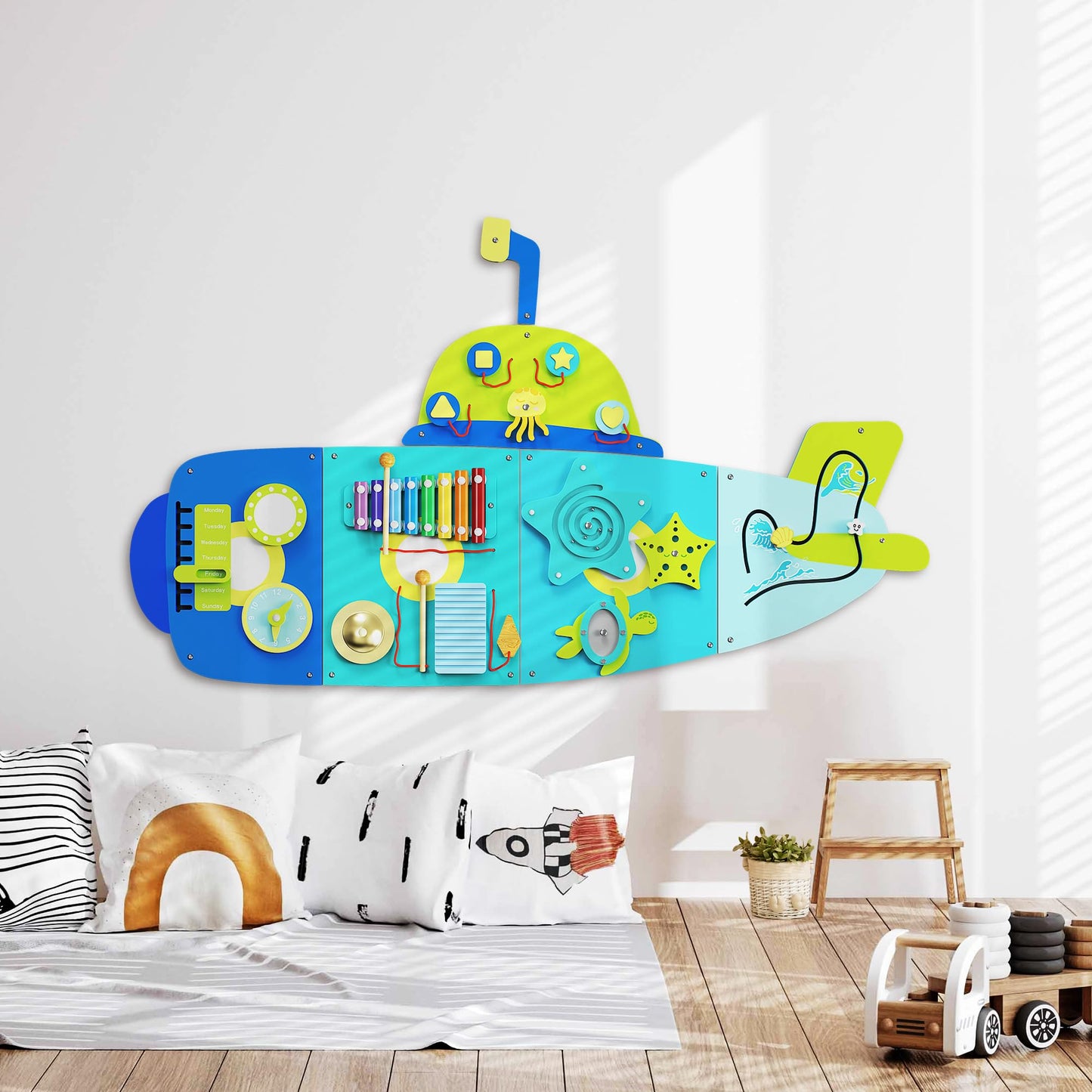 BlueWood Submarine Wall Busy Board Panels, Toddler Learning Activity Center, Montessori Philosophy
