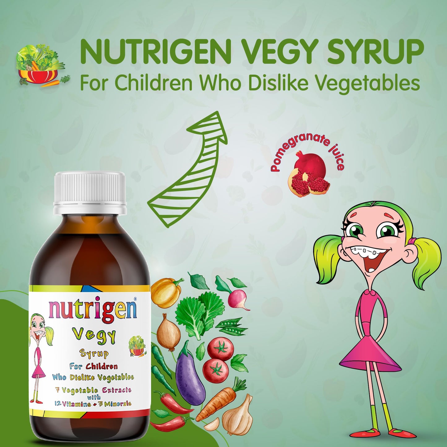 Nutrigen Vegy Syrup 200 mL - Vitamins, Minerals, and 7 Vegetable Extracts in Pomegranate Juice