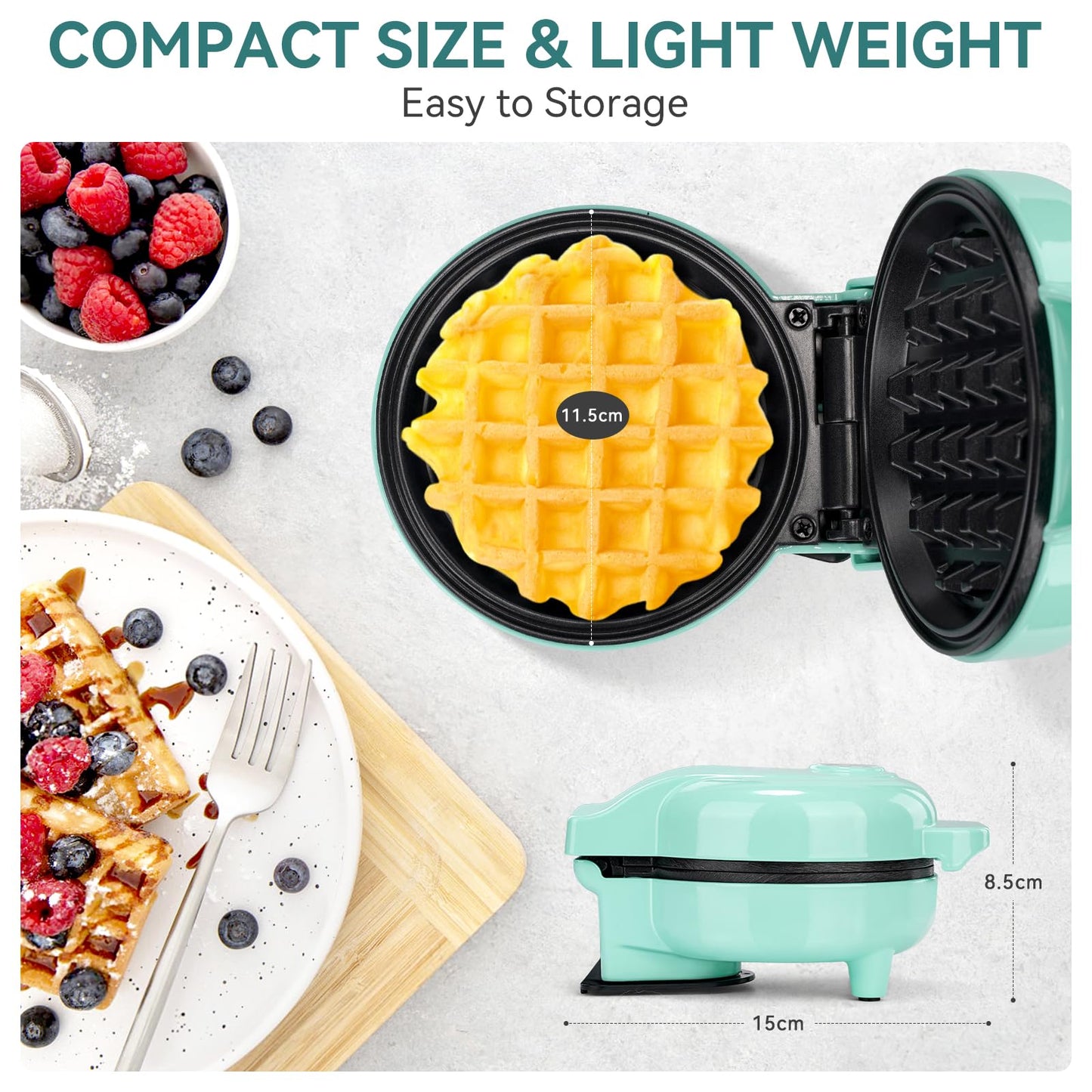 SNAILAR Mini Waffle Maker, 550W Waffle Iron, Ready Indicator Light, Non Stick Coating, Cool Touch Handle, Compact Size, Green
