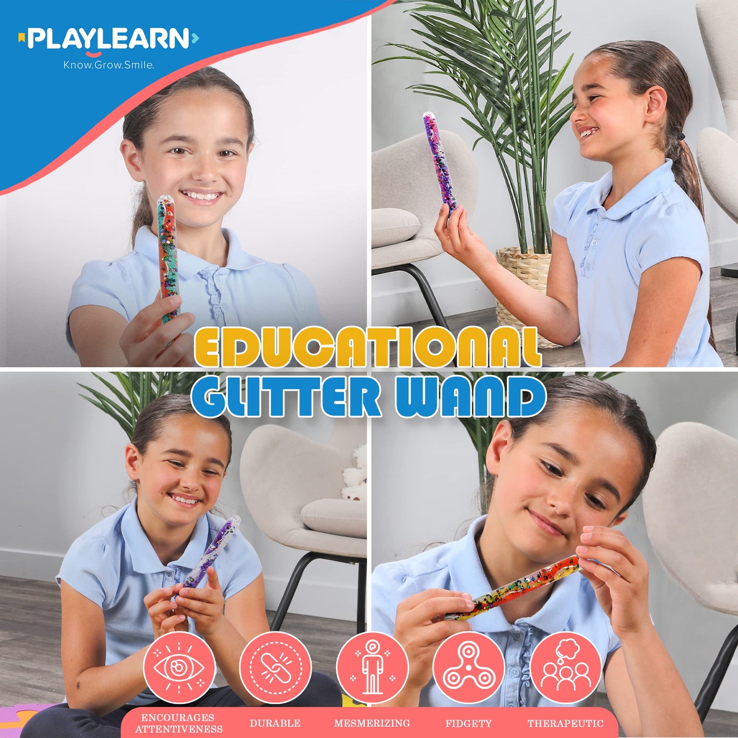 Playlearn SMGT4 Sensory Small Clear Durable Tubes in Shatter-Proof Plastic Filled with Swirling Liquid and Glitter in Bright Colours, Multicolor, Medium