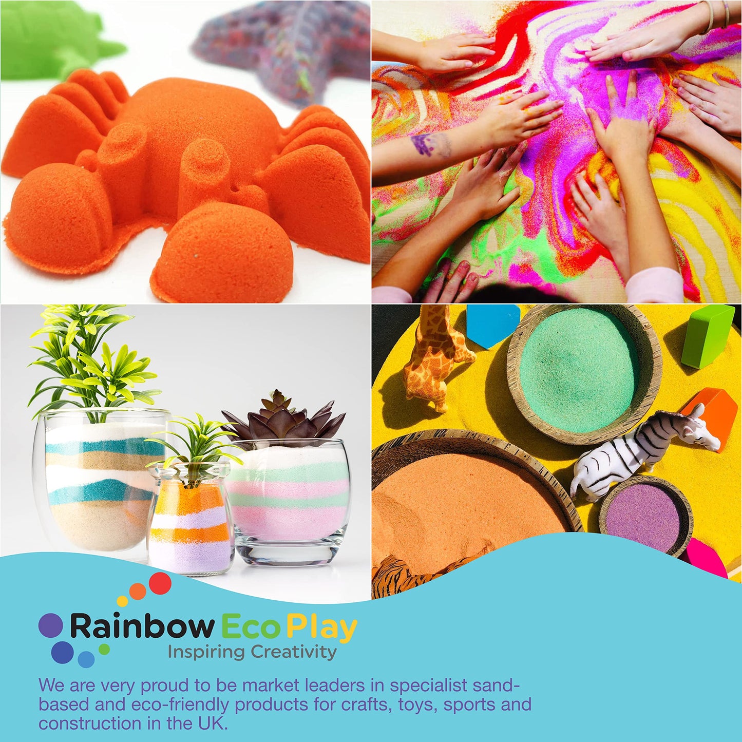 Rainbow Eco Play - Fluorescent Coloured Sand Shakers - 6x220g - Play Sand for Kids - Art Kits - Childrens Craft Sand Shakers - Clean, Fun & Safe