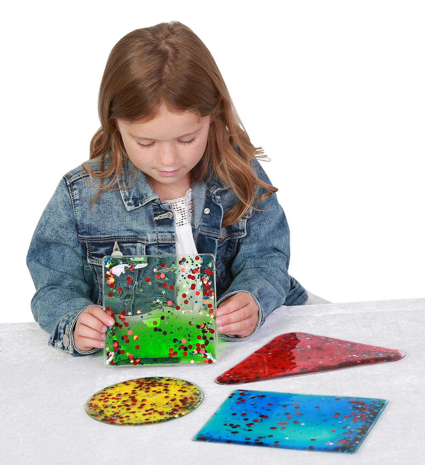 Sensory Gel Shapes with Glitter & Colourful Liquid, Squidgy Jelly Fidgeting Toy, Lie on Light Table or Handheld (4 Pack)