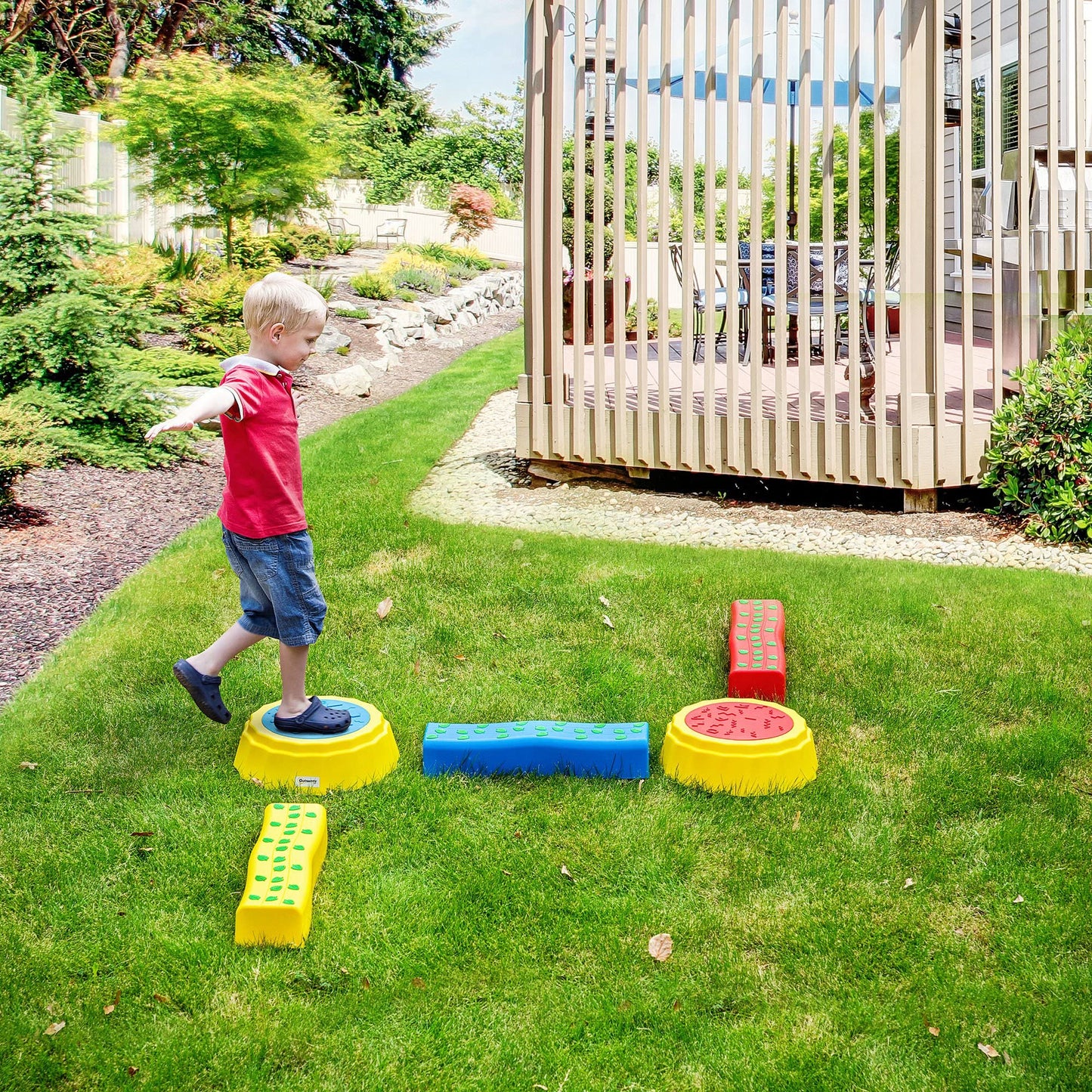 Outsunny 5 PCS Stepping Stones Kids Balance Beam w/Non-Slip Surface and Bottom, Outdoor Indoor Sensory Toys, Obstacle Course for Toddlers
