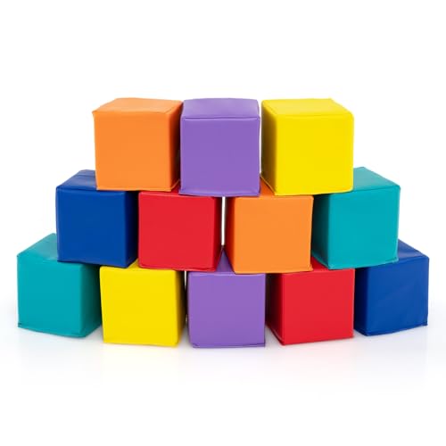 COSTWAY 12Pcs Soft Play Foam Blocks, 14x14cm Soft Building Stacking Cubes, Indoor Construction Learning Toys for Baby Toddler Kid (Warm Colour)