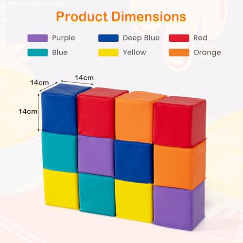 COSTWAY 12Pcs Soft Play Foam Blocks, 14x14cm Soft Building Stacking Cubes, Indoor Construction Learning Toys for Baby Toddler Kid (Warm Colour)