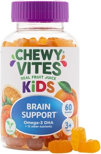 Chewy Vites Kids Brain Support, 60 Kids Vitamins Gummies, Vegan Omega 3 DHA, 13 Essential Vitamins & Minerals, 1 Months Supply, Real Fruit Juice, Age 3 +, Orange Flavour