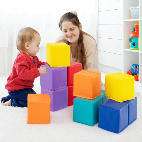 COSTWAY 12Pcs Soft Play Foam Blocks, 14x14cm Soft Building Stacking Cubes, Indoor Construction Learning Toys for Baby Toddler Kid (Warm Colour)