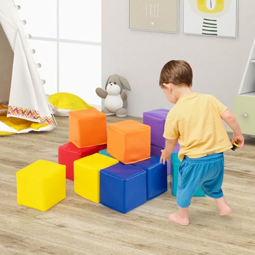 COSTWAY 12Pcs Soft Play Foam Blocks, 14x14cm Soft Building Stacking Cubes, Indoor Construction Learning Toys for Baby Toddler Kid (Warm Colour)