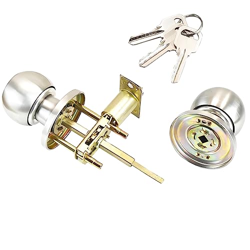 Qrity Stainless Steel Entracne Passage Door Handle Lock Knobs Lockset - Key Locking - Copper Lock Core - Latch Size 60/70mm