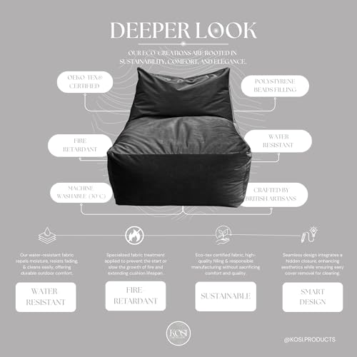 Kosiproducts Bean Bag Chair, Luxury Plush Velvet Beanbag Seat, Soft Beans Ergonomic for Body Support. [Black, Kids Size]
