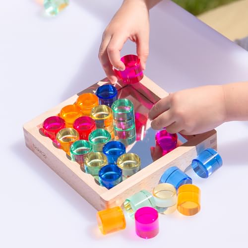 tickit Crystal Colour Gem Circles Play Set with Wooden Mirror Tray – 100 Acrylic Gems for Colour Sorting, Counting, Pattern Making, Reflection Play, Early Maths & Creative Learning