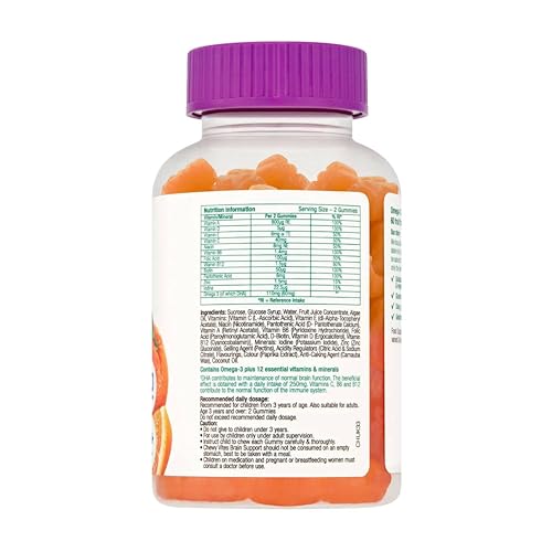 Chewy Vites Kids Brain Support, 60 Kids Vitamins Gummies, Vegan Omega 3 DHA, 13 Essential Vitamins & Minerals, 1 Months Supply, Real Fruit Juice, Age 3 +, Orange Flavour