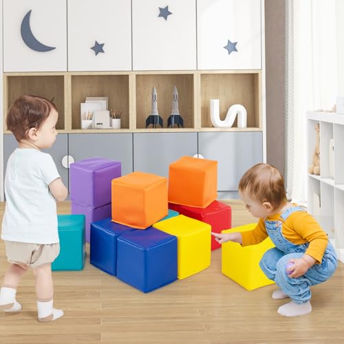COSTWAY 12Pcs Soft Play Foam Blocks, 14x14cm Soft Building Stacking Cubes, Indoor Construction Learning Toys for Baby Toddler Kid (Warm Colour)