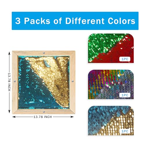 3 Packs Wall-Mounted Sequin Sensory Wall, 14''x14'' Reversible Sequin Sensory Panel with Solid Wood Frame, Early Learning & Development, Ideal for Sensory Rooms, Therapy, Education, and Home Use