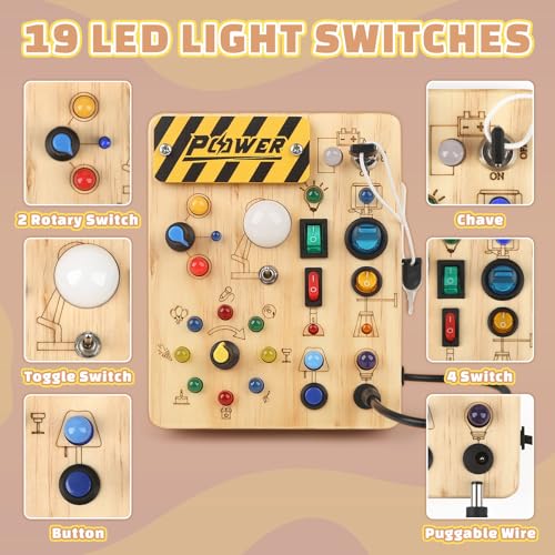 Montessori Busy Board 2 Year Old, Fidget Board with 19 LED Lights, Wooden Sensory Toys