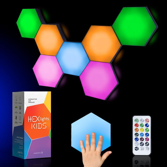 HEXlights Kidz Sensory Lights — Touch Activated 13 Colors, 7pk Hexagon LED lights, Remote