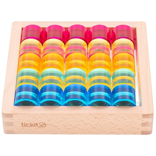 tickit Crystal Colour Gem Circles Play Set with Wooden Mirror Tray – 100 Acrylic Gems for Colour Sorting, Counting, Pattern Making, Reflection Play, Early Maths & Creative Learning