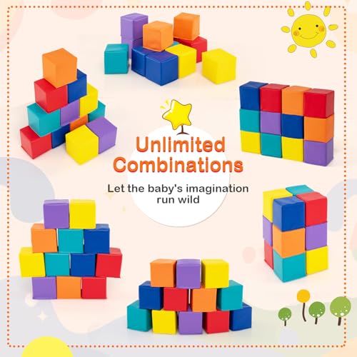 COSTWAY 12Pcs Soft Play Foam Blocks, 14x14cm Soft Building Stacking Cubes, Indoor Construction Learning Toys for Baby Toddler Kid (Warm Colour)